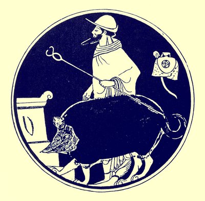 Hermész és az álarcos kutya, J. E. Harrison és D. S. MacColl görög vázafestményeinek illusztrációja, 1894-ben megjelent (digitálisan javított kép) alkotó: after English School