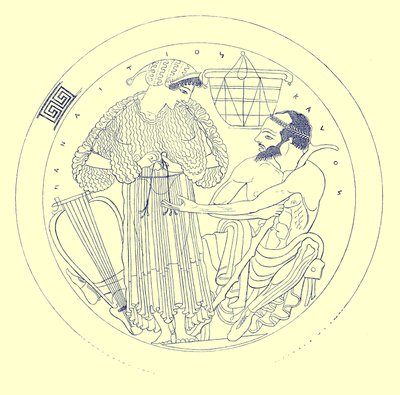 A Cylix belseje, Euphronios, illusztrációja J. E. Harrison és D. S. MacColl görög vázafestményeiből, 1894-ben (digitálisan javított kép) alkotó: after English School