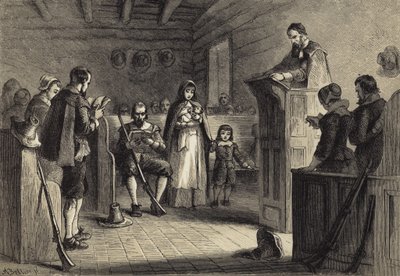 A zarándokok nyilvános istentisztelete Plymouthban alkotó: after Felix Octavius Carr Darley