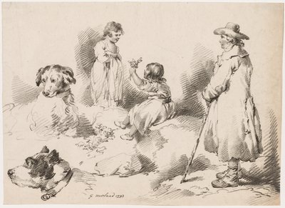 Gyermektanulmányok (két kislány); Két kutya; Egy férfi alkotó: after George Morland
