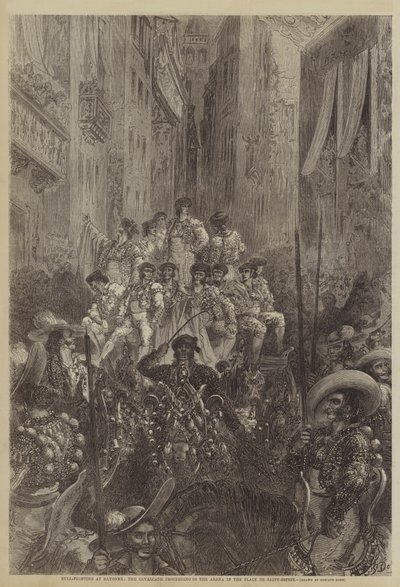 Bikaviadal Bayonne-ban, a kavalkád a Place de Saint-Esprit arénába halad alkotó: Gustave after Dore