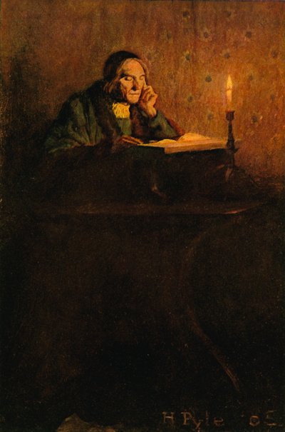 Egy takaros és töpörödött úriember ült az íróasztalnál alkotó: after Howard Pyle