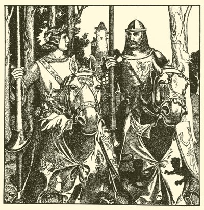 Sir Percival és Sir Lamorack együtt lovagolnak alkotó: after Howard Pyle