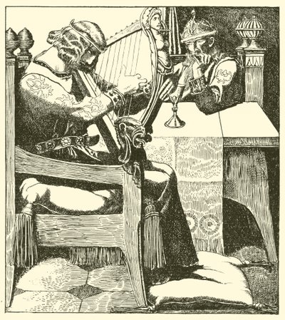 Sir Tristram hárpetázik Márk király előtt alkotó: after Howard Pyle