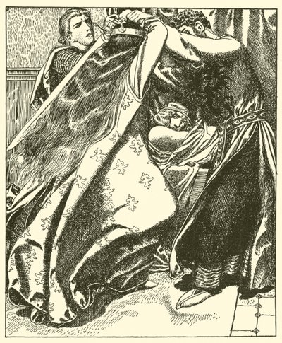 Ír királynő meg akarja ölni Sir Tristramot alkotó: after Howard Pyle