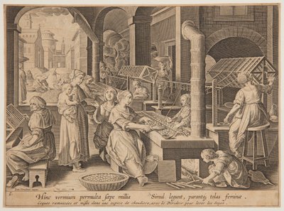 A selyemgubók letekerése alkotó: after Jan van der Straet, called Stradanus