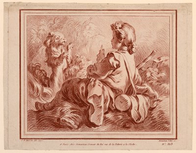 Ülő pásztor játszik egy kutyával alkotó: after Jean Baptiste Huet