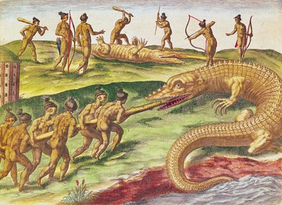Vadászatkrokodilok, a „Brevis Narratio...”-ból, Theodore de Bry, 1591, (színes metszet) alkotó: after Le Moyne, J.Bry