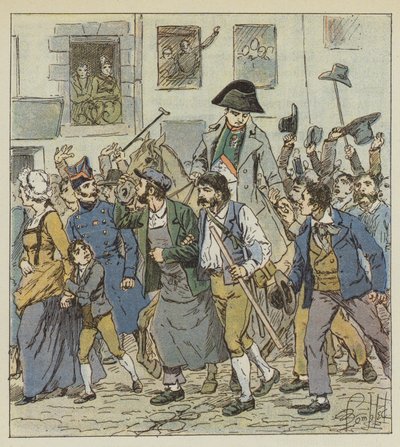 Elba szigetéről visszatérve a császárt páratlan lelkesedéssel fogadták a Faubourg Saint-Antoine-ban. alkotó: after Louis Charles Bombled