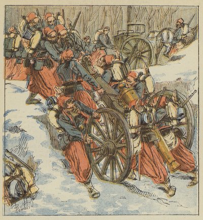 Chilleurs-aux-Bois harca során a zouave-ok kivonnak két 12-es darabot egy gödörből, a poroszok tüze alatt alkotó: after Louis Charles Bombled