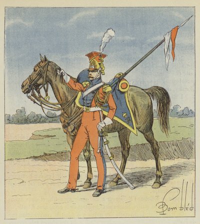 Holland Lancer, a Birodalmi Gárda könnyűlovas lándzsa 2. ezredének vörös lándzsája alkotó: after Louis Charles Bombled