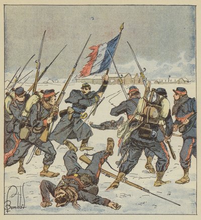 Couturie, a Sarthe mobiljainak kapitánya zászlóval a kezében elindul a Mee támadására. alkotó: after Louis Charles Bombled