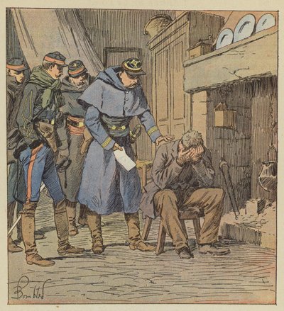 Safflet parancsnok 875 frankos utalványt ad Blanchet farmernek a test pénztárgépében. alkotó: after Louis Charles Bombled