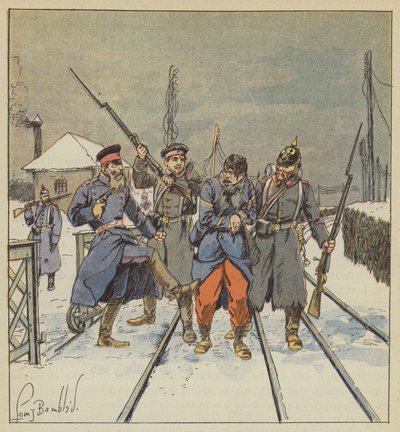 A megsebesült és fogságba esett Papot negyedmestert szégyenteljesen megverte egy porosz tiszt. alkotó: after Louis Charles Bombled