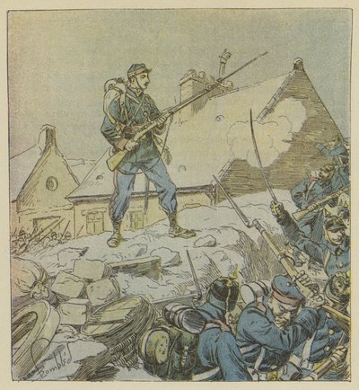 Pitou őrmester, aki félelmetesen felszállt Courceboeufs barikádjára, úgy döntött, hogy elfoglalja a falut. alkotó: after Louis Charles Bombled