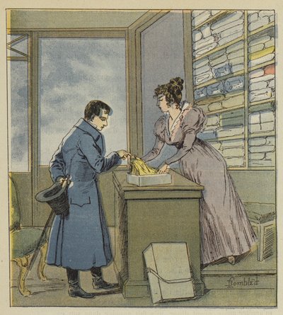 Napóleon álruhában a rue Saint-Denis egyik boltjában alkotó: after Louis Charles Bombled
