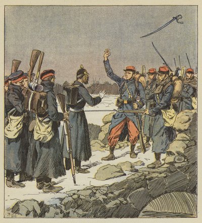 Egy német tiszt visszaadja kardját egy francia tizedesnek, aki a szélnek hajítja alkotó: after Louis Charles Bombled