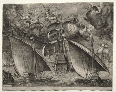 Vitorlás hajók: két gálya vitorlázik egy fegyveres háromfős mögött Phaetonnal és Jupiterrel az égen alkotó: after Pieter Bruegel