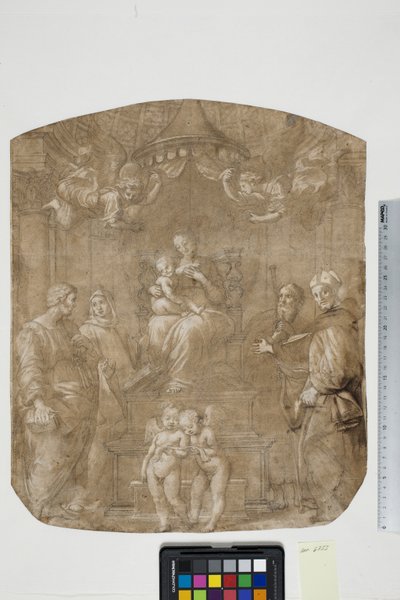 Madonna és gyermeke Szent Péterrel, Bernárddal (vagy Brunóval), Jakabbal, Ágostonnal és négy angyallal, Madonna del Baldacchinóval alkotó: after Raphael