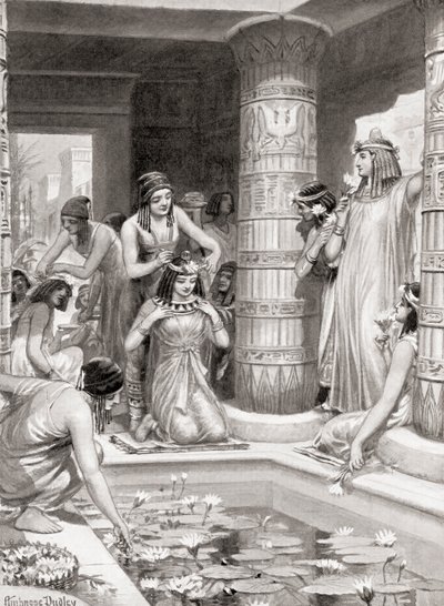 Az ókori Egyiptomba vacsorázni érkező vendégek láb- és kézmosáshoz vizet kaptak, illatos olajjal megkenve és virágfüzérekkel megkoronázva, a Hutchinsons History of the Nations kocsmából. alkotó: after Robert Dudley