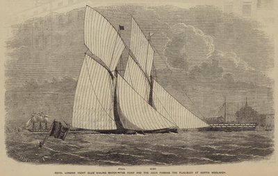 Royal London Yacht Club vitorlásmérkőzés, a Romp és a Julia elhaladva a Flag-Boy mellett North Woolwichban alkotó: after Thomas Harrington Wilson