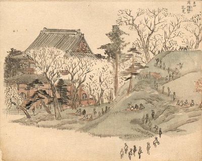 Cseresznyevirág-nézés a Suribachi-hegyen lévő templomban az Edo-szuvenírek képeskönyvének (Ehon Edo miyage) 5. kötetének terve után alkotó: after Utagawa Hiroshige