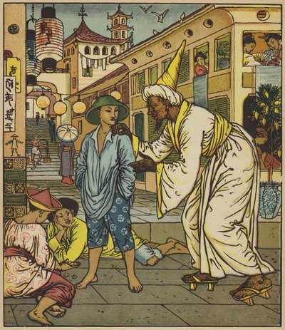 A bűvész felhívja Aladdint alkotó: after Walter Crane