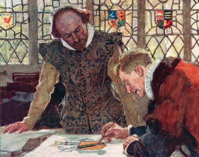 Shakespeare a Pauls Wharf Hill-i Heralds College-ban, hogy megvitassák apja címerét alkotó: after William Hatherell