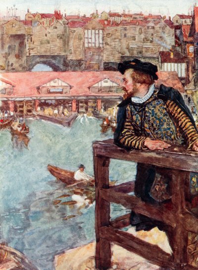 Shakespeare a London Bridge alatti vízimalmokra néz alkotó: after William Hatherell