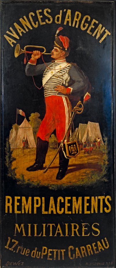 Francia: Au hussard. Katonai helyettesítő iroda jele. 17 rue des Petits- Carreaux, 11. kerület, Párizs. alkotó: anonymous 