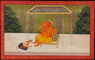 "Indra imádja az elefántfejű Ganesha istent, aki egy trónon ül." Fólió a Gita Govinda Tehri Garhwal sorozatából. alkotó: anonymous 