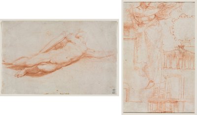 Tanulmány egy elesett katonáról (talán Saul megtérése) (recto); Egy terített női alak (esetleg Amazon) és Építészeti tanulmányok (fordítva) alkotó: attributed to Correggio