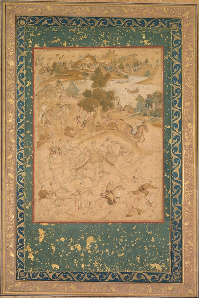 Akbar felügyeli a vadon élő elefántok befogását Malwában 1564-ben, 90 festményt Abu