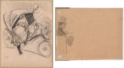 Fiacre belépő nő (recto); Magas kalapot viselő férfi megfelelő profilja (verso) alkotó: attributed to Jean Louis Forain