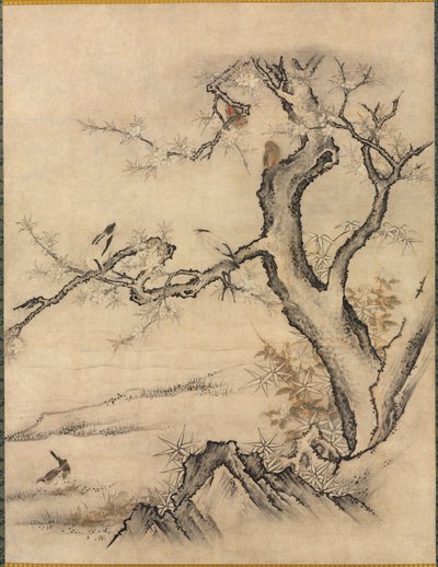 Virágok és madarak egy tavaszi tájon alkotó: attributed to Kano Motonobu