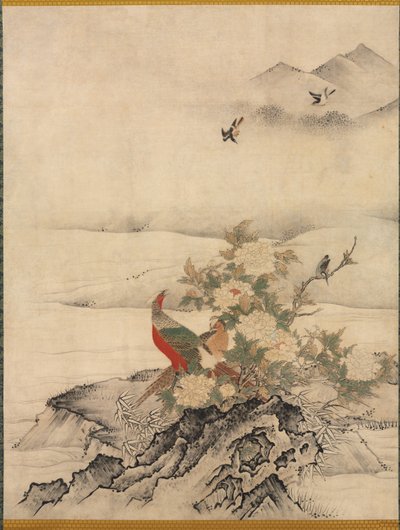 Virágok és madarak egy tavaszi tájon alkotó: attributed to Kano Motonobu
