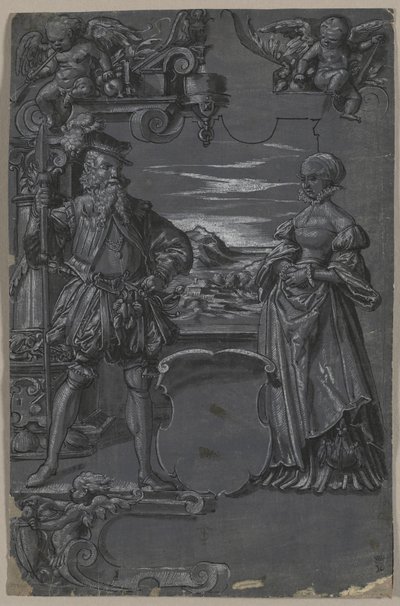Tervezés üvegfestéshez: Férfi és nő építészeti környezetben alkotó: attributed to Tobias Stimmer