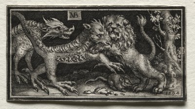 Oroszlán harcol két vadállat ellen alkotó: attributed to Tobias Stimmer