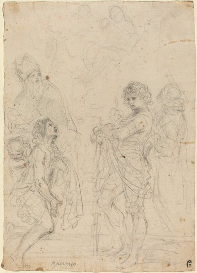 Madonna és gyermeke szentekkel, Gimignanoval, Keresztelő Jánossal, Györggyel és Péter vértanúval alkotó: called Guercino Giovanni Francesco Barbieri