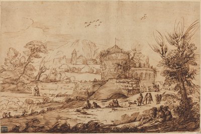 Táj az erőddel és a folyóval alkotó: called Guercino after Giovanni Francesco Barbieri