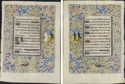 Levél az órák könyvéből: Ördögöt kergető angyal (recto) és Két ördög (verso) alkotó: circle of Coëtivy Master