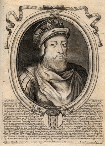 I. Childebert, a frankok királyának portréja – I. Childebert király (497-558) – metszet a „Les Augustes Representations de tous les Kings de France from Pharamond to LouisXIV”, Párizs alkotó: de Larmessin
