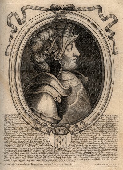 II. Childerik, a frankok királyának portréja 670-től 673-ig - II. CHILDERIC 655-675, Franciaország és Ausztrália merovingjai királya - metszet a „Les Augustes Representations de tous les Kings de France from Pharamond to LouisXIV”, Párizs alkotó: de Larmessin