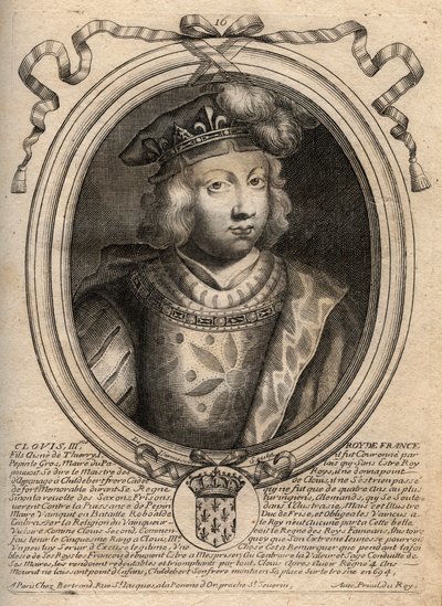 III. Klovisz, a frankok királyának 691-től 695-ig tartó portréja – III. KLOVISZ, Neustria és Ausztrália meroving királya – metszet a „Les Augustes Representations de tous les Kings de France from Pharamond to LouisXIV” című könyvéből, Párizs alkotó: de Larmessin