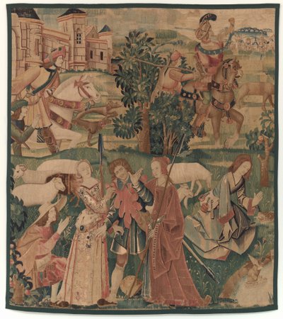 Vadászat és pásztorjelenetek, egy nevető férfival a hölgyek között alkotó: design probably French 16th Century, Paris; woven in southern Netherlands or Paris in an undetermine workshop