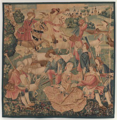 Vadász- és pásztorjelenetek, koszorús hőssel a hölgyek között alkotó: design probably French 16th Century, Paris; woven in southern Netherlands or Paris in an undetermine workshop