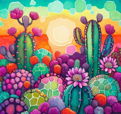 Desert Bloom: colorful abstract Painting of Sunset on Cactus Plateaus alkotó: F. Abderrahim
