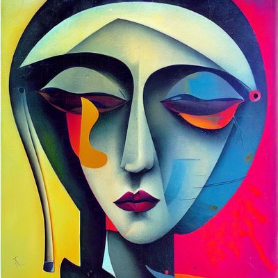 Szomorú nő arca absztrakt figuratív festészetben, fali művészetben | Vászonnyomatok alkotó: F. Abderrahim