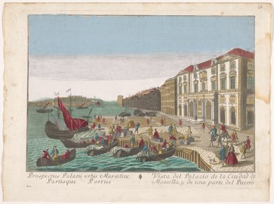 Gezicht op het Stadhuis en de haven te Marseille Kilátás a marseille-i városi palotára és a kikötő egy részére (cím a tárgyon) alkotó: familie Remondini (attributed to)
