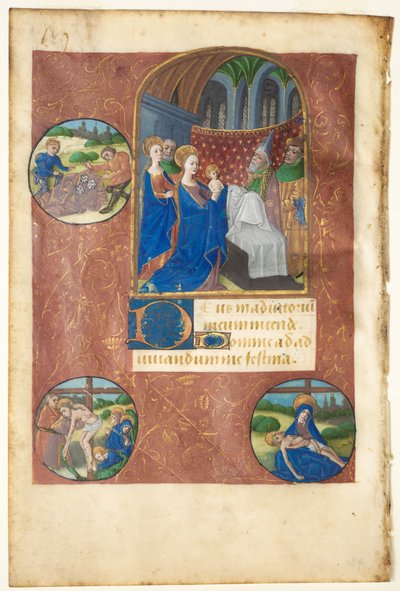 Levél egy Órakönyvből: Bemutató a templomban a tételek öntéséről, a lerakásról és a Pietàról (nincs, a Szűz hivatala) alkotó: follower of Master of Adélaïde de Savoie